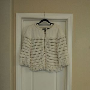 Press Pom Pom Fringe Ivory Cardigan Sweater Large